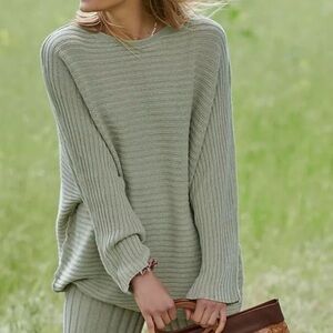 Free People Elegant Ribbed Knit Long Sweater - Soft Beige Large Baggy Oversized